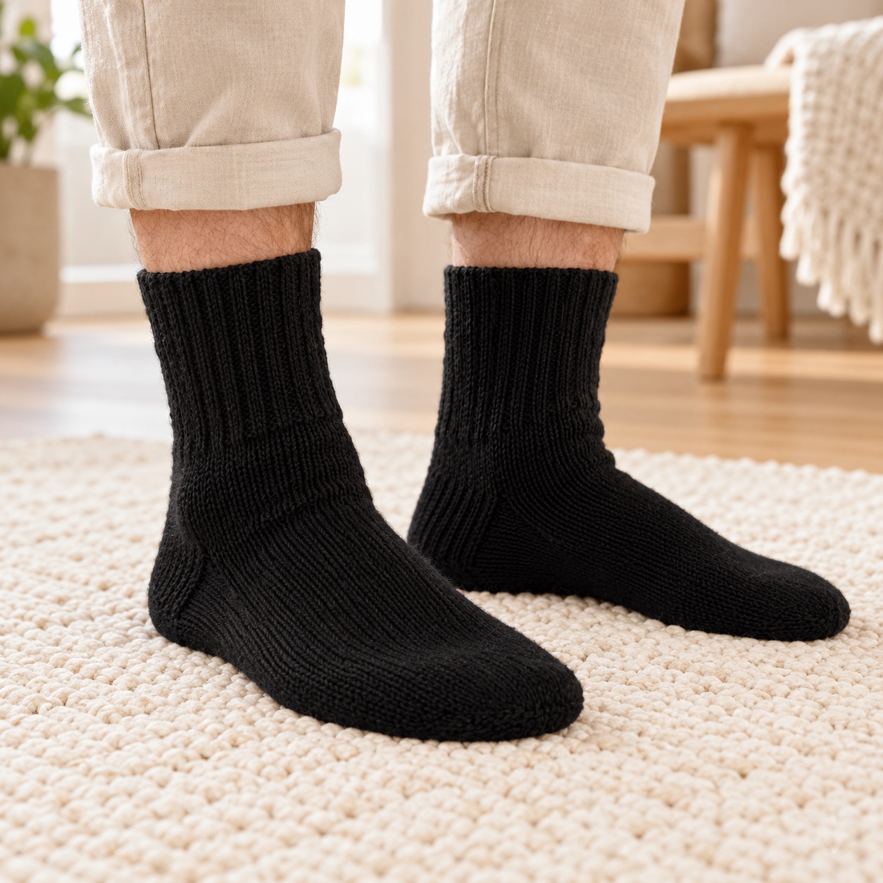 Mustad käsitsi kootud meestesokid nr 41 mehe jalas