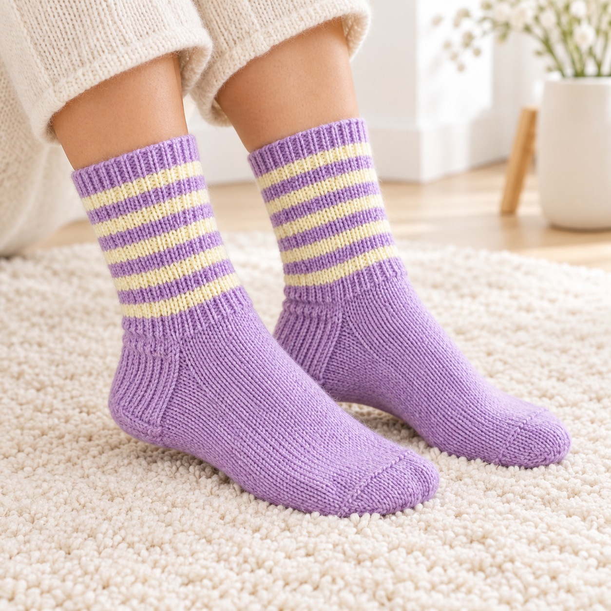 Lillad heledate triipudega sokid nr 38–39 naise jalas
